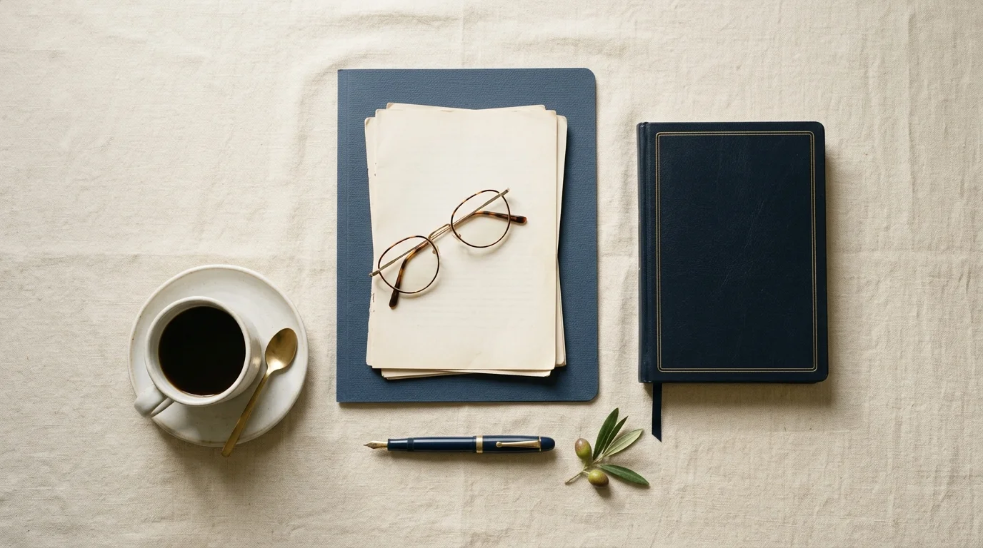 Schreibtisch mit Rentenunterlagen, Lesebrille und Tasse Kaffee in ruhiger Umgebung