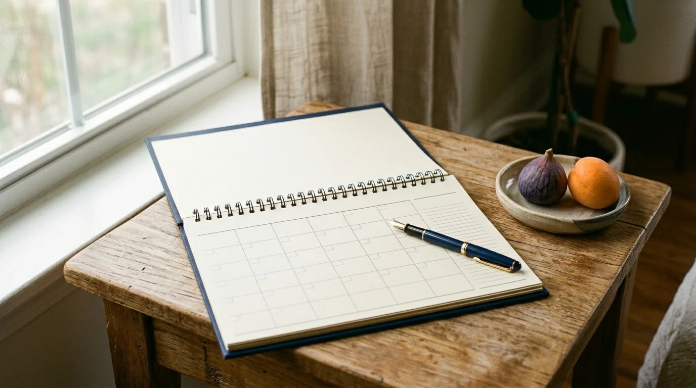 Überblick auf Kalender und Notizblock mit ruhiger Arbeitsatmosphäre