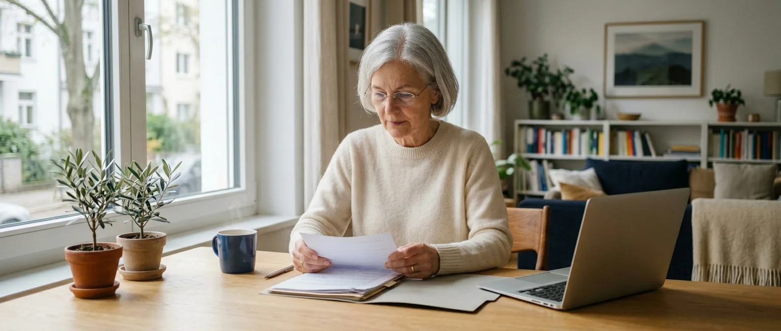 Seniorin am Schreibtisch prüft Rentenunterlagen bei Tageslicht